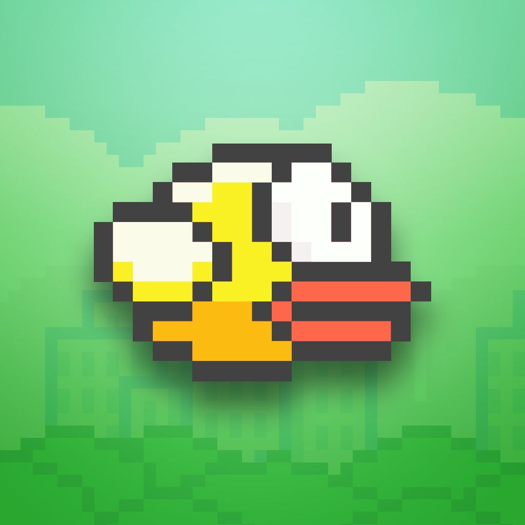 Green background with a small yellow 8-bit bird