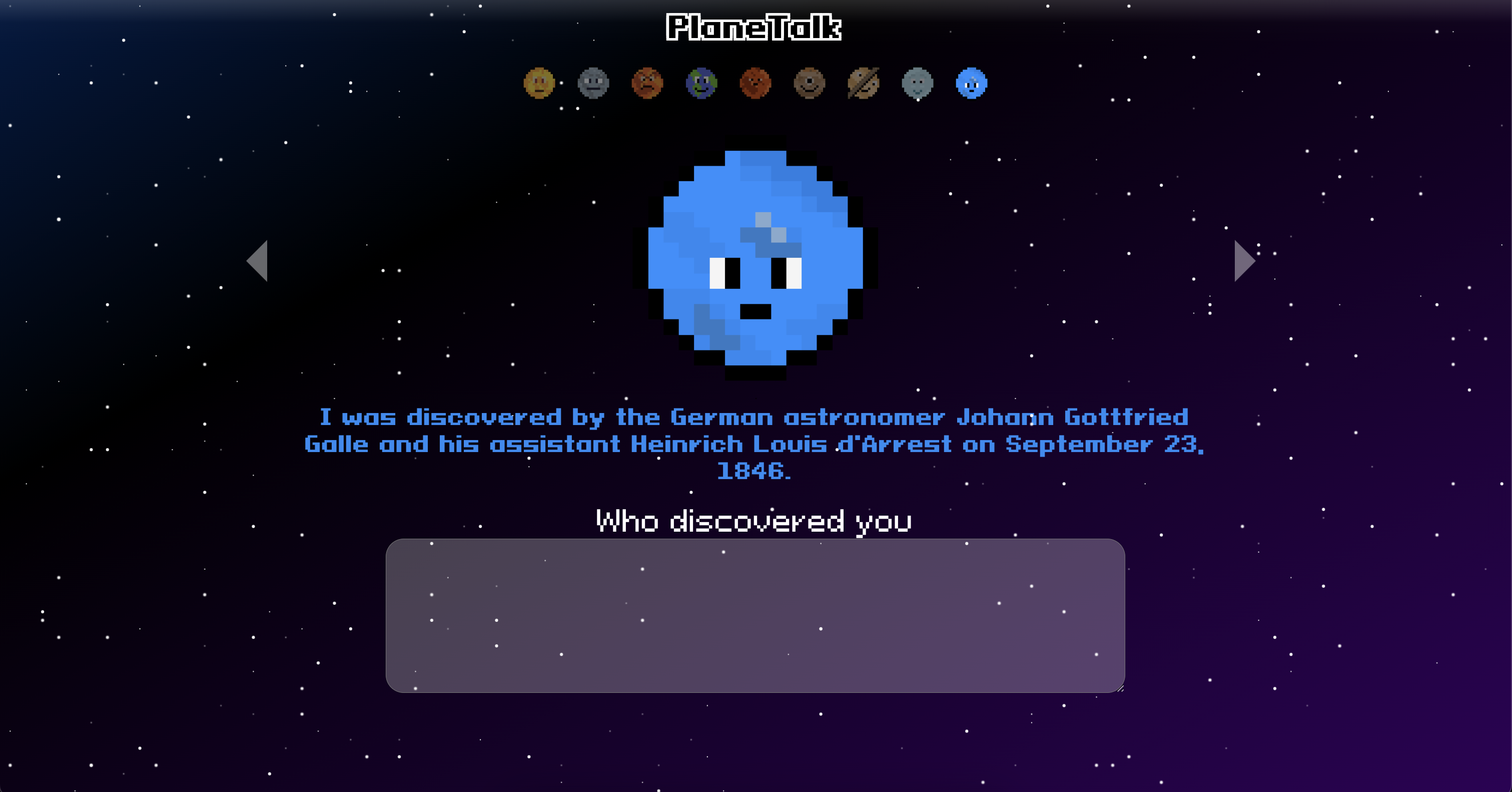 Image of 8-bit Neptune with a response about who discovered Neptune